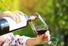 Selective focus of woman hand Pouring red wine in the garden and party