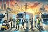 Image for newsletter - A stylized digital painting of a futuristic logistics hub featuring electric trucks charging at modern stations. In the foreground, a diverse group of