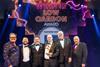 Fraikin customer and fleet solutions director John Cunningham presents the trophy to John Lewis Partnership general manager central transport Justin Laney