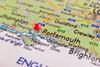 Portsmouth,Pinned,On,A,Map,Of,England.,Map,With,Red