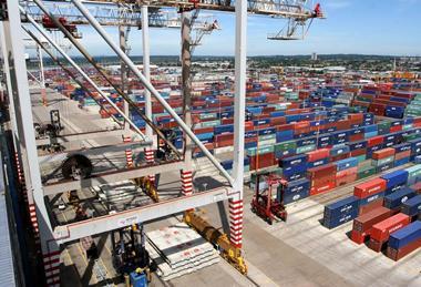 Aerial view of container yard at Southampton logistics hub
