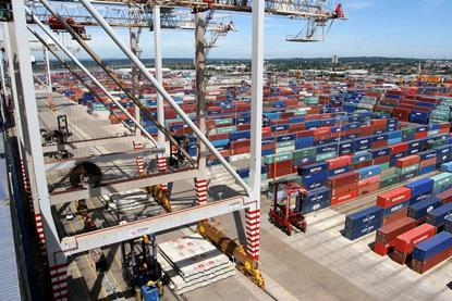 Aerial view of container yard at Southampton logistics hub