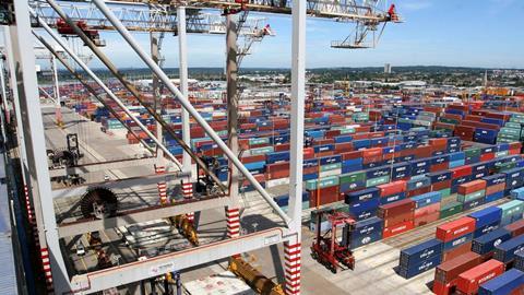 Aerial view of container yard at Southampton logistics hub