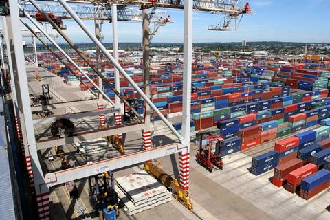 Aerial view of container yard at Southampton logistics hub
