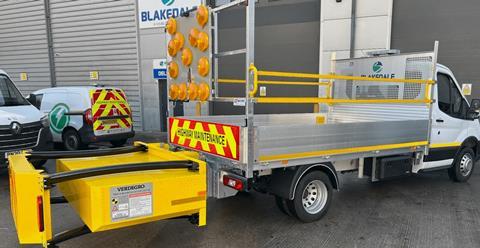 Blakedale traffic management vehicle with crash cushion deployed.