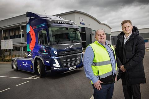 LTS Global Solutions Managing Director Dave Hands pictured with Daniel Byworth, Area Sales Manager Hartshorne Motor Services Ltd with Volvo FM Electric truck