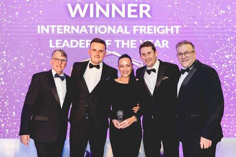 Logistics Leadership Awards left to right Peter Acton, Joe Partner, Caroline Lister, Tom Mcdonald and James Blackman (category sponsor)