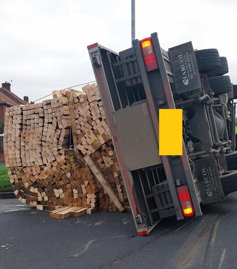 The driver was arrested on suspicion of drug driving after his truck tipped over.