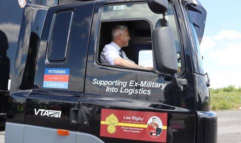 Steve Barclay driving a Veterans into Logistics training HGV