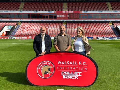 (L-R) Pallet-Track CEO Stuart Godman, Walsall FC Foundation director Adam Davy and executive assistant to the CEO at Pallet-Track Freya Sangha mark their Saddlers United partnership.