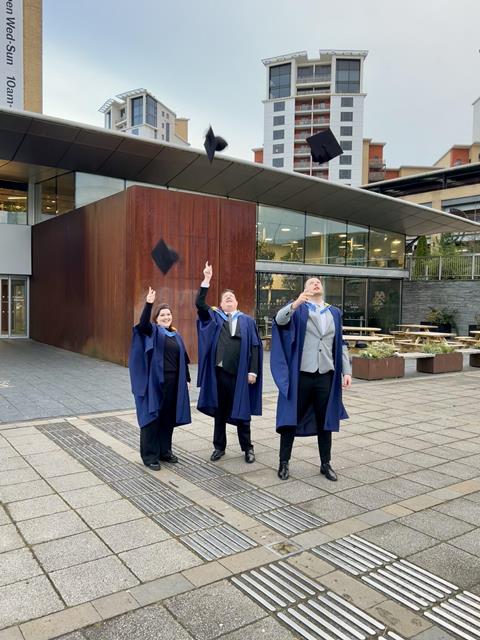 Open University graduates Lauren Pullin, Nick Antill-Holmes and Joseph Murfitt.