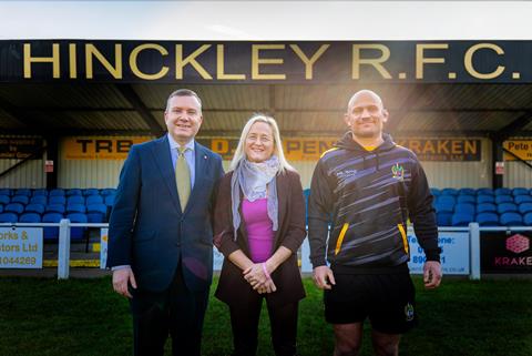 (L to R) Justin Pegg, CEO DPD UK, Vicky Macqueen, head of commercial, Hinckley RFC and Ben Avent, community rugby manager, Hinckley RFC.