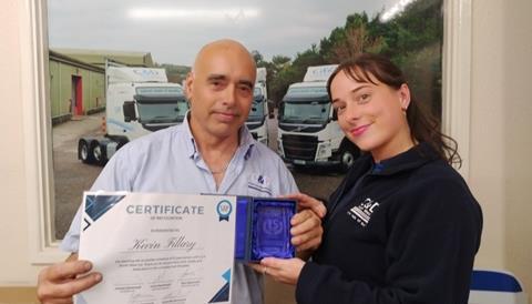 Kevin was presented with a crystal award and certificate of recognition during a presentation by Cayla Hammond, HR and finance director