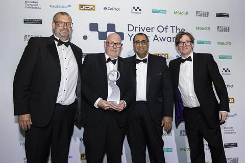 The 2025 Overall Driver of the Year receiving his award. L-R Andy Dick of award sponsor Co-pilot, award winner Graham Pagett of Unipart Logistics, Microlise CEO Nadeem Raza, awards ceremony host Ed Byrne.