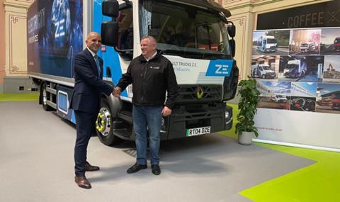 Carlos Rodrigues MD Renault Trucks, Gerry Marshall CEO Recycling Lives sign contract for UK's first ZE skip loaders