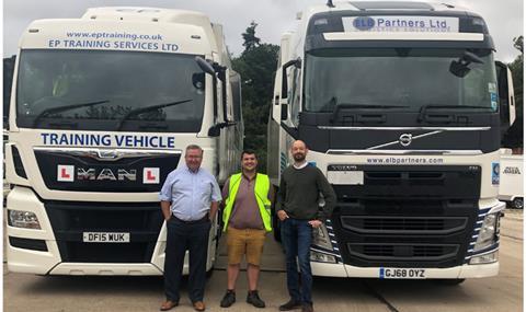 ELB Partners MD Peter Eason (left) with EP Training Services MD Sean Pargeter and ELB driver Nigel Lane, who joined the business via EP training.