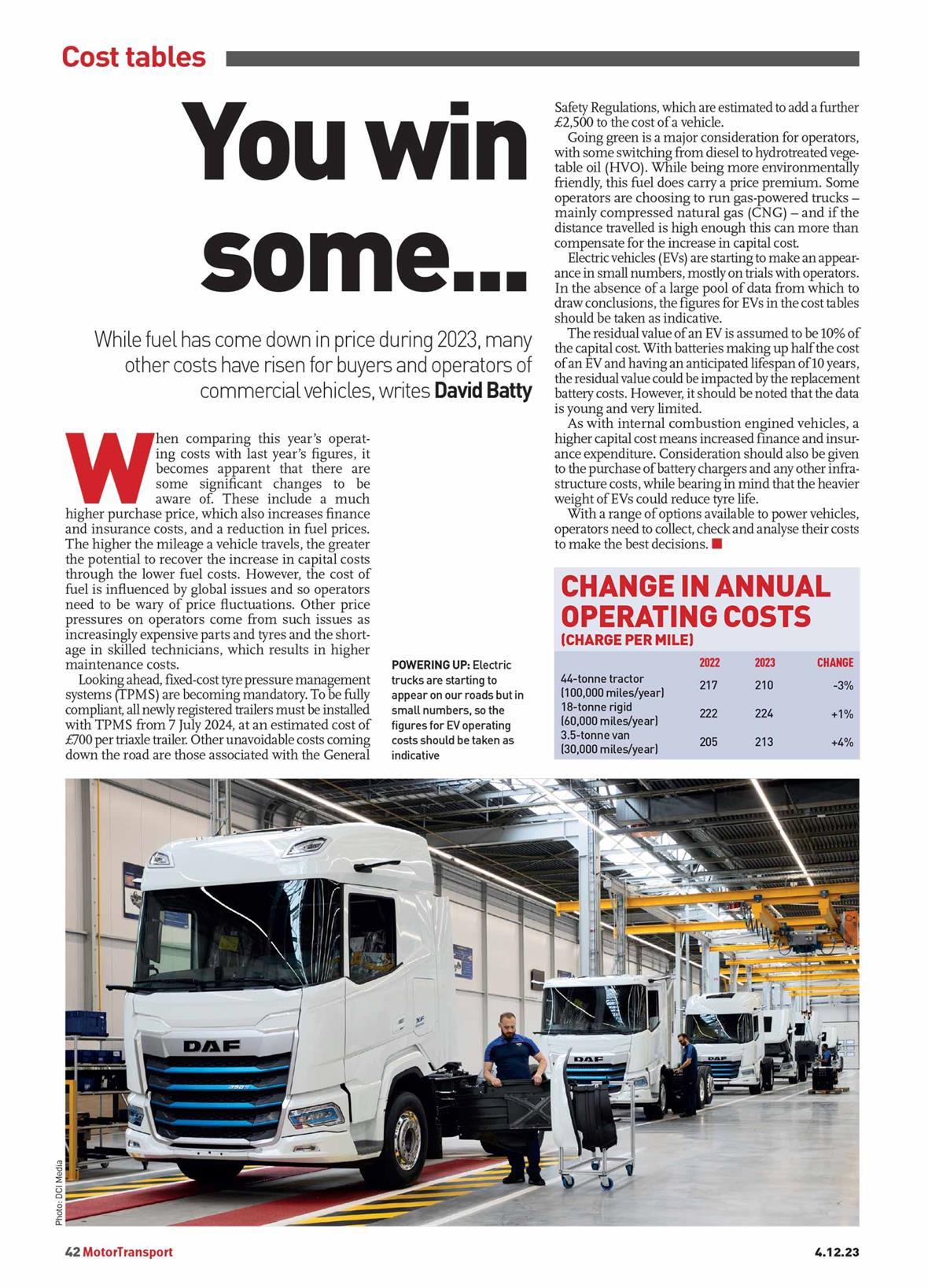 Cost tables Motor Transport